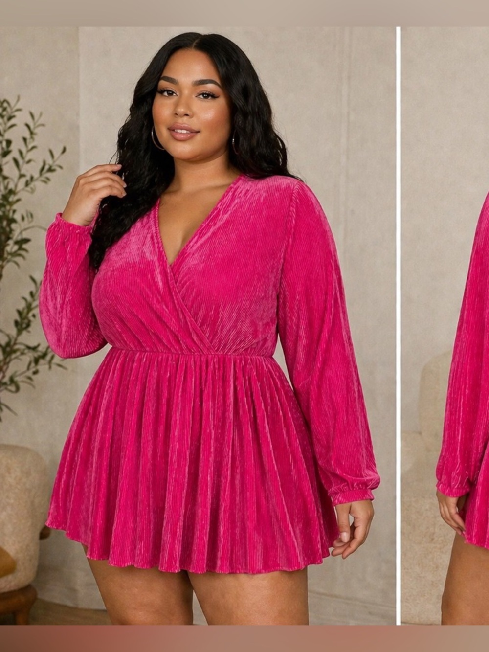 Fashion Nova Hot Pink Velvet Long-Sleeve Mini Dress